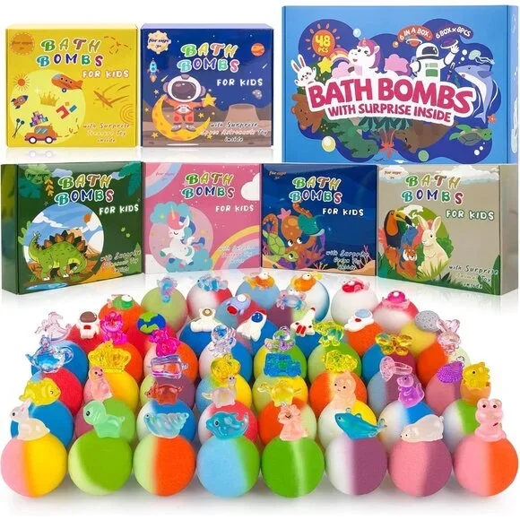 48pcs Bath Bombs for Kids with Toy Inside, Organic Colorful Bubble Bath for Kids