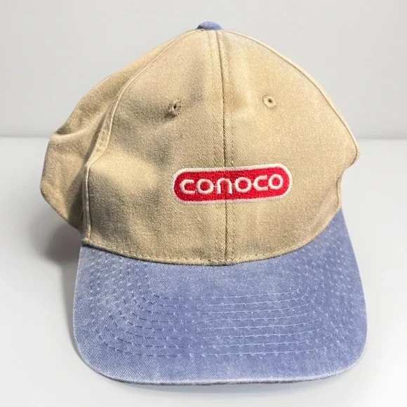 Vintage CONOCO Toppers Headwear Khaki & Blue‎ Trucker Hat Strapback Baseball Cap