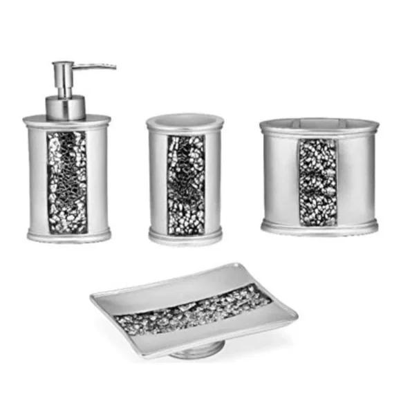 Silver Sinatra Bath Set Accessory 4 PC Mosaic Glass Popular Bath Sinatra