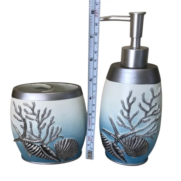 Heaton & Parke Bathroom Soap Dispenser Pump Set Toothbrush Holder 2 Pc Coastal