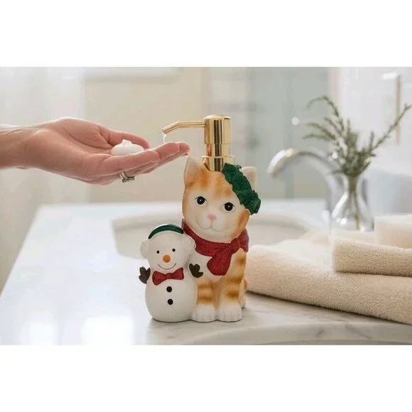 New Christmas Cat Kitten W/ Snowman & Wreaf Soap Dispenser Decoration
