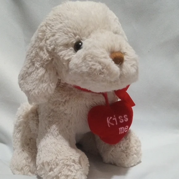 Vintage White Puppy Plush Dog Valentine Kiss Me Heart Red Bow