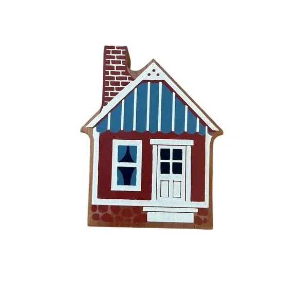 The Cat's Meow Village House‎ Figurine Red Cottage Blue Striped Roof 4.25in folk