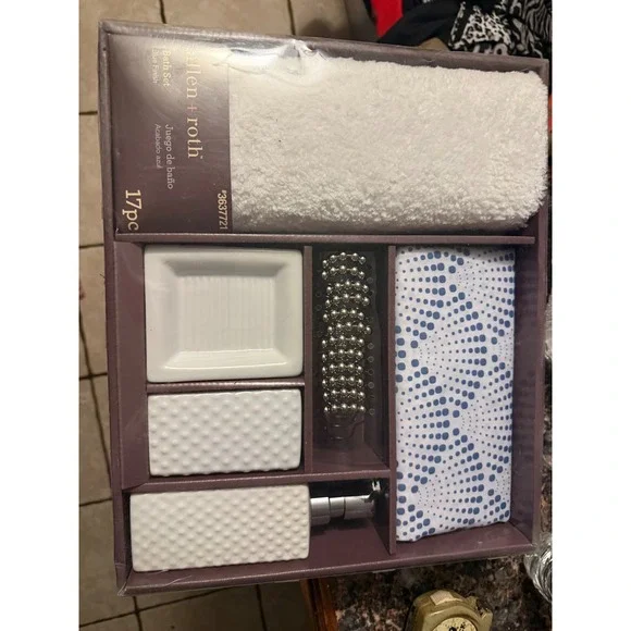 Allen + Roth 17pc Bath Set Blue White Shower Curtain‎ Rug Ceramic Decor #3637721