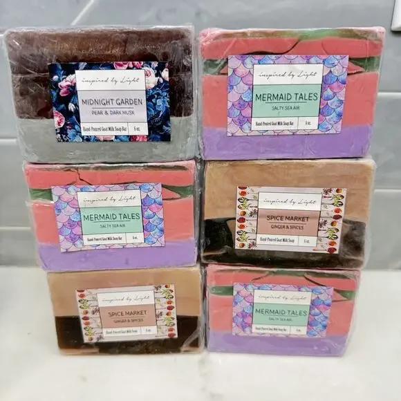 Lot of Six Goat Milk Soap Bars Handmade Mermaid tales Spice Market Pear & Musk