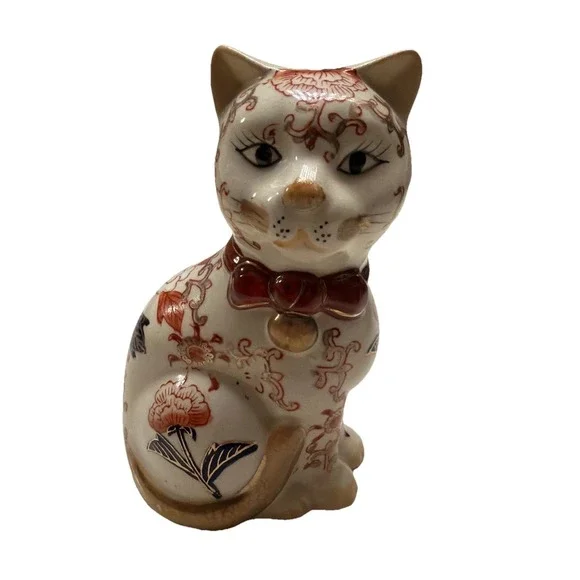Vintage Cat Figurine Takahashi with Floral Arabesque & Leaves Side Stance 6 1/4
