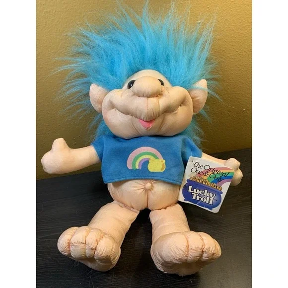 Vintage DanDee Lucky Troll Soft Stuffed Doll Nylon 11 inch Blue Shirt