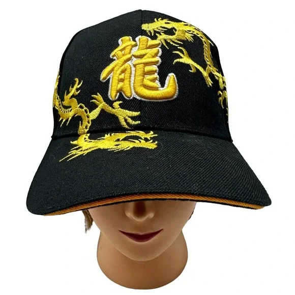 Mega USA Black With Yellow Cap, 3D‎ Embroidered Dragon Strap Back Hat