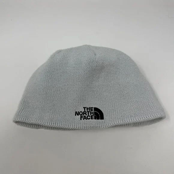 The North Face Light Grey Knit Fleece Lined Beanie Skull Cap Embroidered Logo