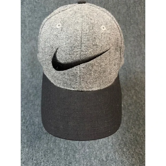 Vintage Nike Wool Blend Swoosh Baseball Cap Grey Black One Size Fits All