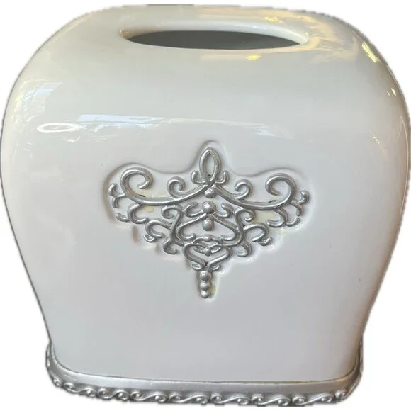 Ceramic Square Tissue Box Cover Holder White with Silver Embellishments Elegant