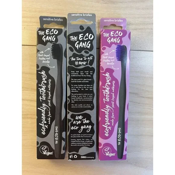 3 Pack- The Eco Gang‎ Toothbrush Plant Based Sensitive Bristles Black Vegan