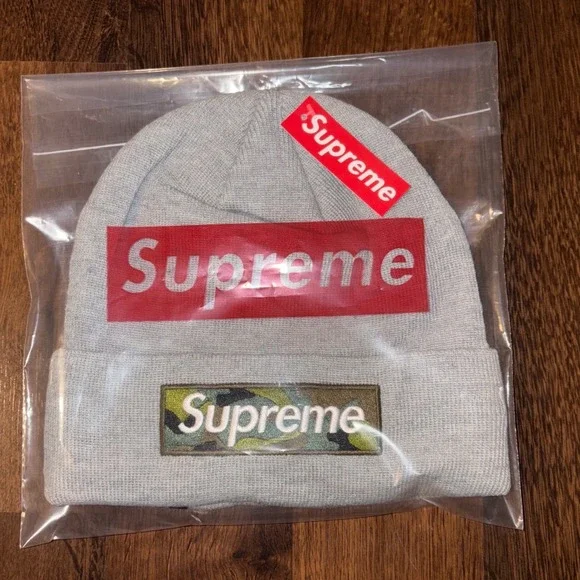Supreme New Era Knit Beanie‎ Heather Grey Green Camo Box Logo Ski Cap FW24 Gray