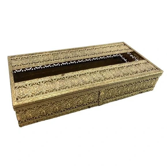 Vintage‎ MCM Gold Tone Brass Tissue Box Filigree Holder Ornate Hollywood Regency
