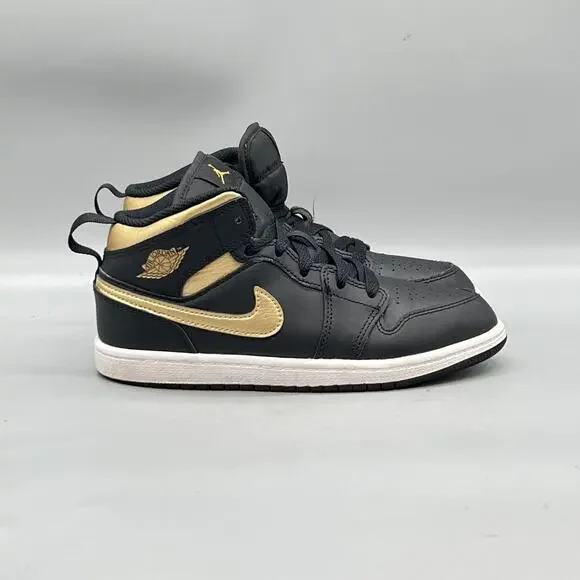 Nike Shoes Youth 3 Black Gold Leather Air Jordan 1 Mid Basketball Sneakers