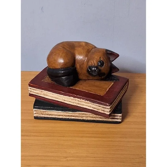 Vintage Handcrafted Wooden Cat Sleeping On Books Paper Weight. Made In Thailand