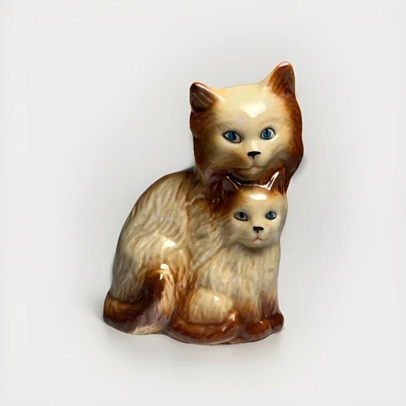 GF Brazil Ceramic Cat Figurine Mother & Kitten Brown Cream Glaze 6