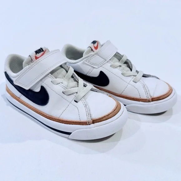 Nike Court Legacy Low Top Sneakers Boys 9 Girls White Black Tan Leather Velcro