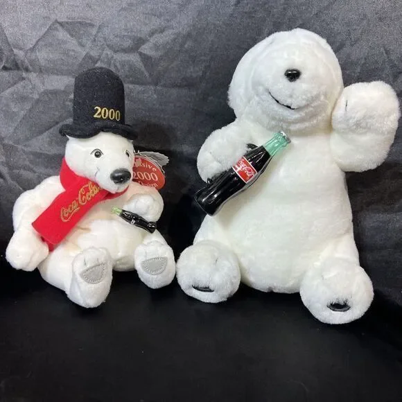 coca cola. vintage BRAND Plush Polar Bears with scarf‎ both holding bottles