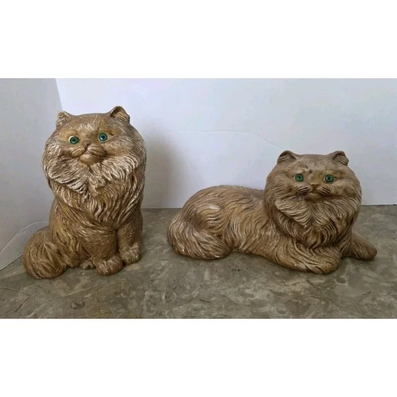 Vintage‎ 70's Ceramic Cats Tan Green Eyes Standing Cat 8