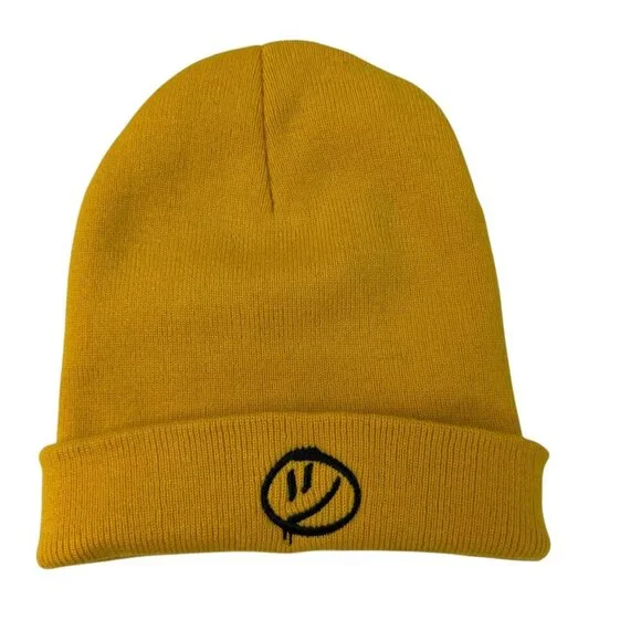 Yellow Knit Beanie with Smiley Face Embroidery – Unisex Adult