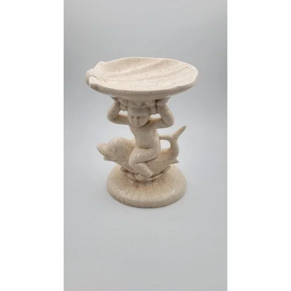 Vintage MCM Holland Mold Cherub Boy on Dolphin Pedestal Soap Dish Sand Speckled