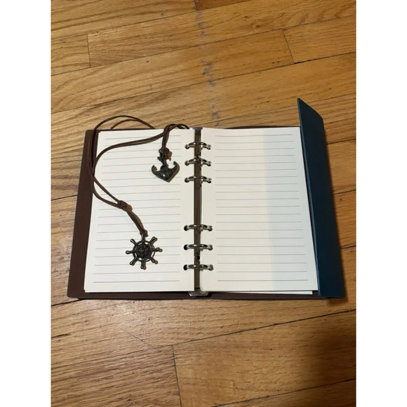 Trifold Teal Leather Journal Cover Refillable Binder Compass With Cord Charms