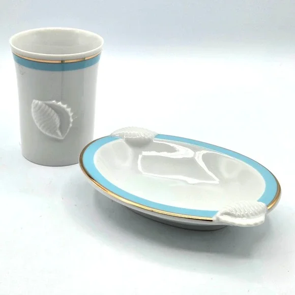Ben Rickert Seashell Soap‎ Dish and Tumbler White with Blue Gold Trim BEACH