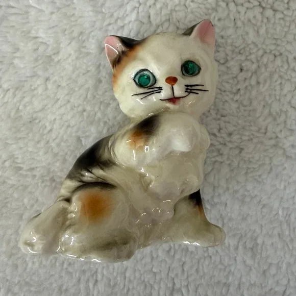 Vintage Ceramic Kitten Japan Cat Green Gem Eyes 3