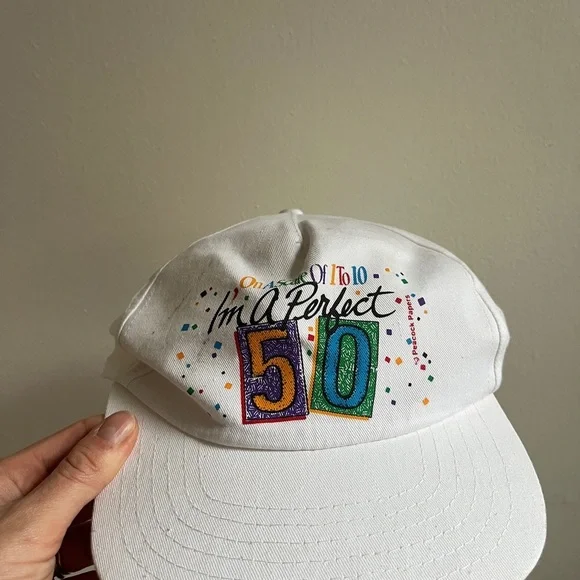 Vintage White Graphic Cap “I’m a perfect 50” birthday hat