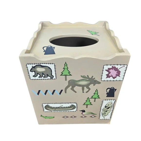 Kohls‎ Mountain Retreat Tissue Cube Box Cover Tan Rustic Lodge Cabin Bear Moose