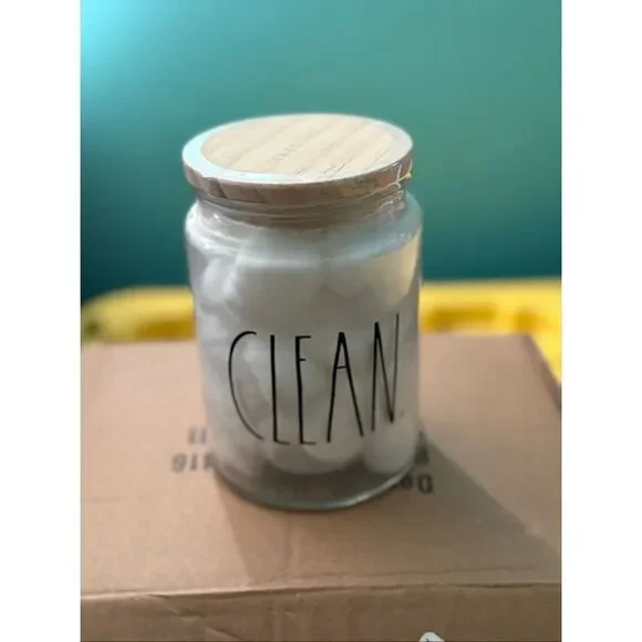 Rae Dunn CLEAN Glass Jar Cotton Ball Holder Container