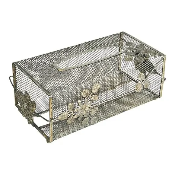 Metal Tissue Box Cover Ball Knob Feet Gold Floral Detail Mcm Mesh Long Box Vtg