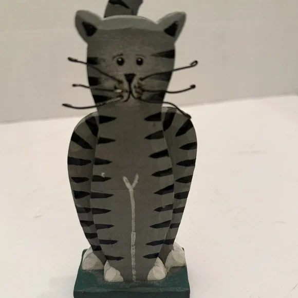 Vintage Wooden‎ Gray and Black Striped Cat Figurine 6