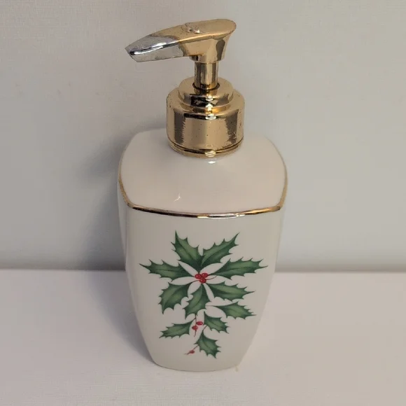 Lenox Christmas Holiday Dimensions Soap/Lotion Dispenser Holly Berries Design