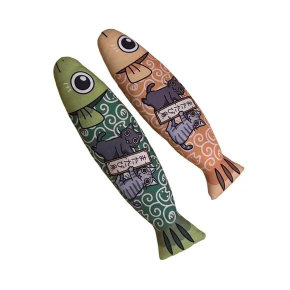 Nyagomidokoro Set Of 2 Fish-Shaped Cat Toys With Cartoon Cat Print 8
