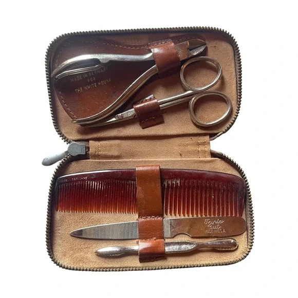 Vintage White House Grooming Kit Made in Germany Brown Leather Zipper Case Set