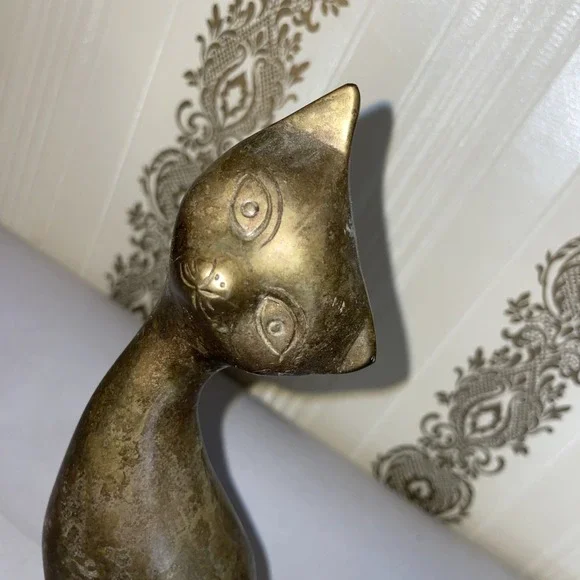 Vintage Solid Brass Siamese Cat Slender Sleek Stylized Head Tilt 7