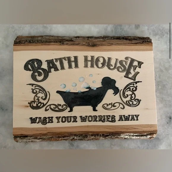 Handmade Bath House Wooden Sign - Black and Brown
