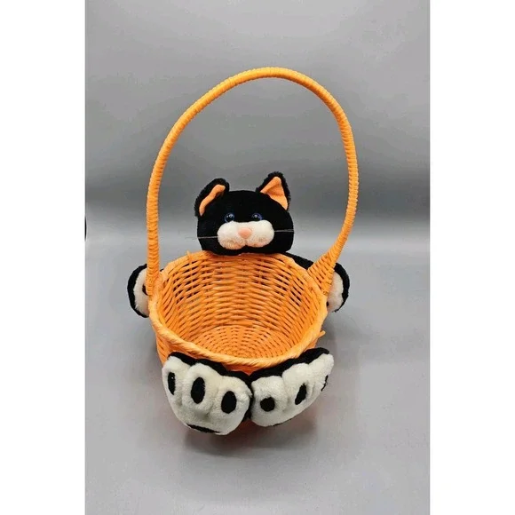 Vintage Topstone Industries Orange Halloween Candy‎ Basket W/ Black Cat Plush