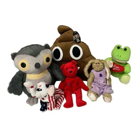 Plush Lot Stuffed Animals Owl Poop Frog Bear Bunny Elephant
