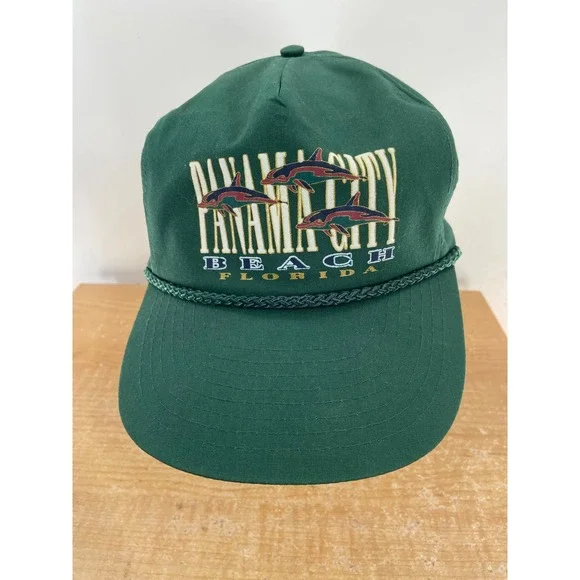 Vintage Nissin Panama City Beach Florida Dolphin Snapback Hat Green Rope Cap