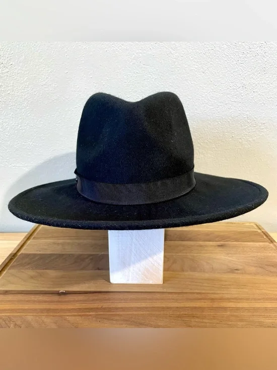 Wool Fedora Wide Brim Hat Logo Trim Black 22 1/4 Inches Classic All Saints Warm