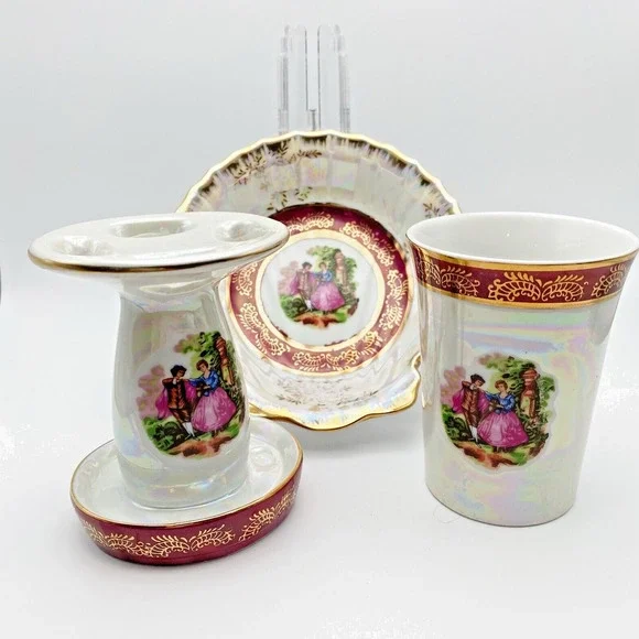 Lusterware Courting Couple Bathroom Set Tooth Brush Holder Soap Dish Cup Gold