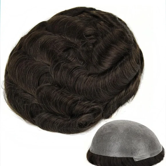 Ash Brown Remy Human Hair Wavy Realistic Scalp Toupee Hair Unit