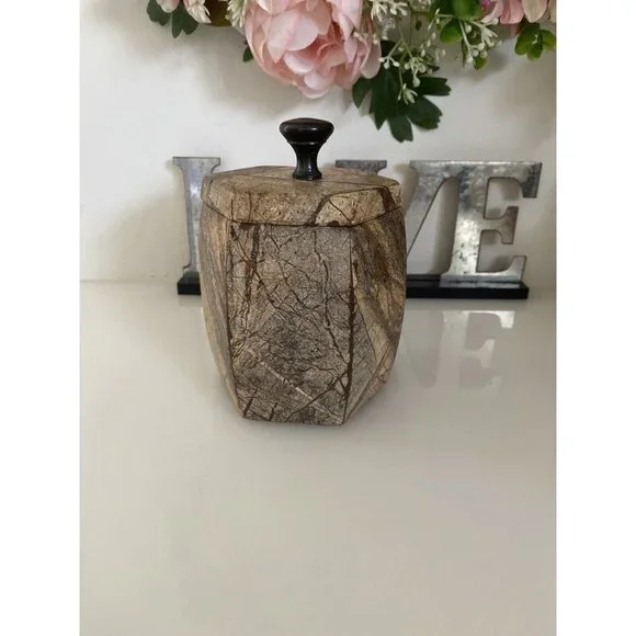 Hexagonal Stone Canister Lidded Container Trinket Box Port To Port Vintage Brown