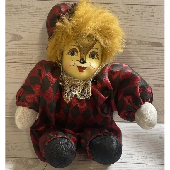 Vintage‎ Red Cat CLOWN Mardi Gras Collectible Doll Hand Painted FACE Circus MCM