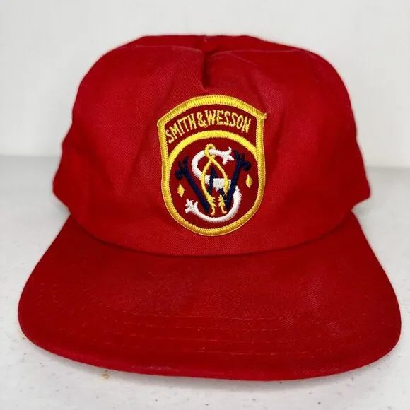 Vintage Smith &‎ Wesson Red Adjustable Snapback Hat Old Logo Patch