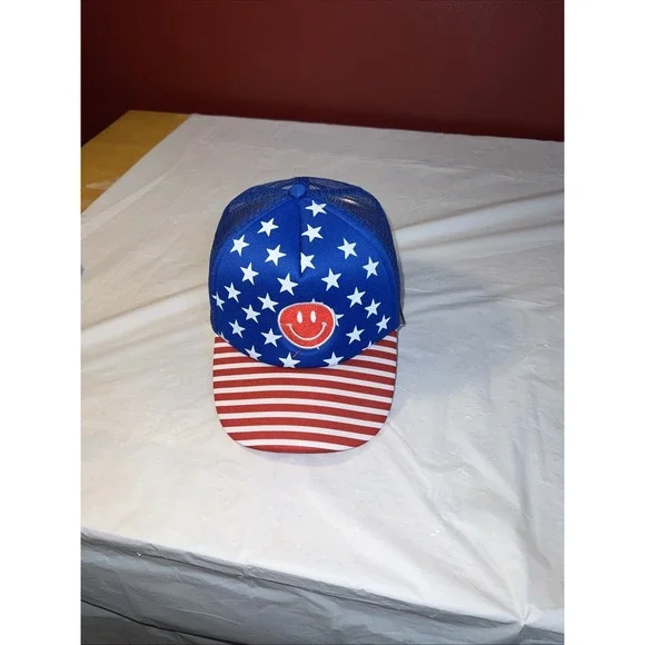 Smiley Face American Flag Snapback Mesh Back Trucker Hat Multi One Size