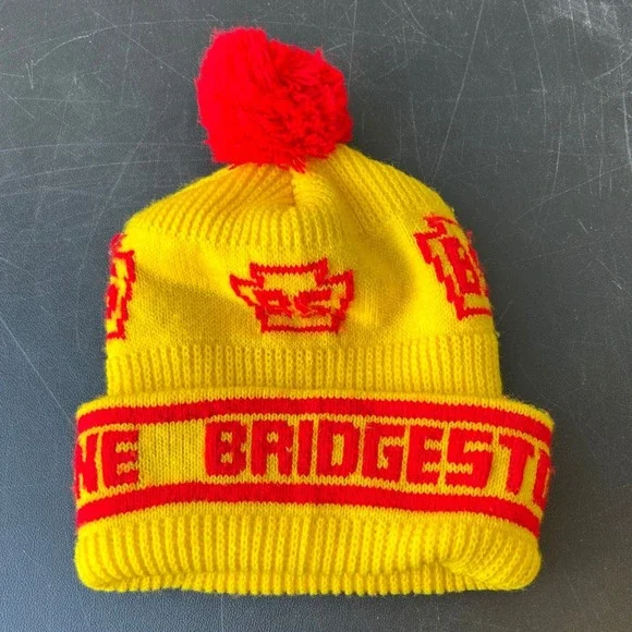 Vintage Bridgestone Beanie Hat Yellow Red Pom Pom Knit Winter Ski
